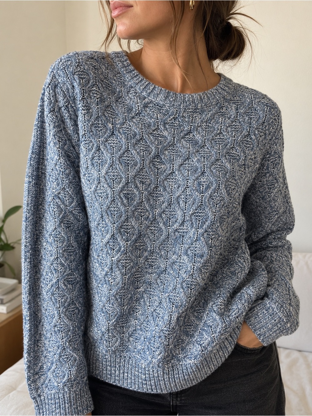 Jean Pierre 100% Cotton Blue Marled Cable Knit Fisherman Sweater L